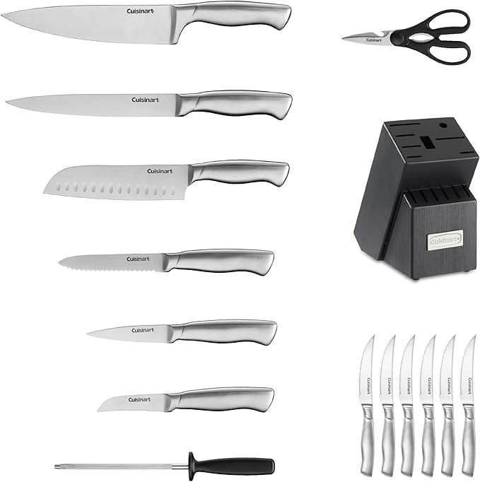 Cuisinart Professional Block Knife Set, 15pc Cutlery Knife Set with Steel Blades for Precise Cutting, Lightweight, Stainless Steel, Durable & Dishwasher Safe, Grey