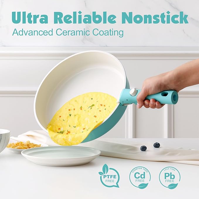 SENSARTE 17 Piece Ceramic Pots and Pans Set, Nonstick Detachable Handle Cookware, Induction Kitchen Cookware Set with Removable Handle, Dishwasher & Oven Safe (Turquoise)