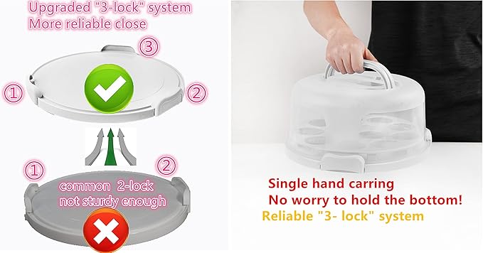 Portable Cake Carrier with Handle, Round Cupcake Holder with Lid, Plastic Storage Container Box fit 10 inch Cake, 3-Locking Muffin and Pies Keeper with Cover (White)