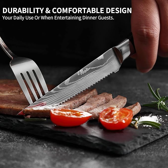 Serrated Steak Knife Set - 6pcs Premium 4.5 inch Kitchen Cutting Steak Knives, German Stainless Steel Knife Professional Table Dinner Knife with Pakkawood Handle for Home Restaurant