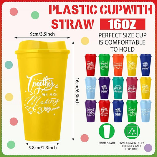 Pickmesh 15 Pcs Employee Appreciation Gifts Christmas Thank You Gift for Team Building 16 oz Teacher Plastic Coffee Cup with Lid Inspirational Travel Tumbler for Coworker Staff Pastor (Bright Color)