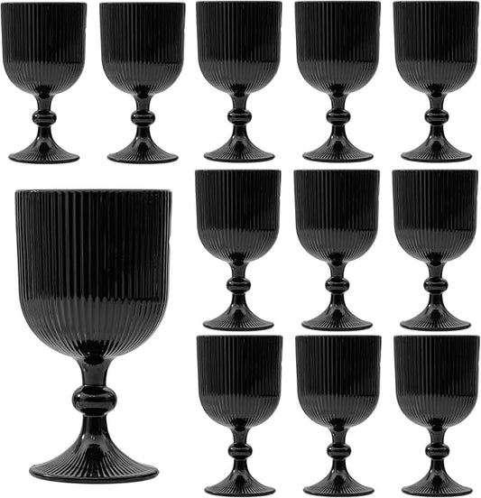 12 Pcs Black Vintage Wine Glasses, 11 Ounces Colored Glass Water Goblets, Unique Embossed Pattern High Clear Stemmed Glassware Wedding Party Bar Glass Drinking Cups Fancy Glasses Set Hand Wash Only