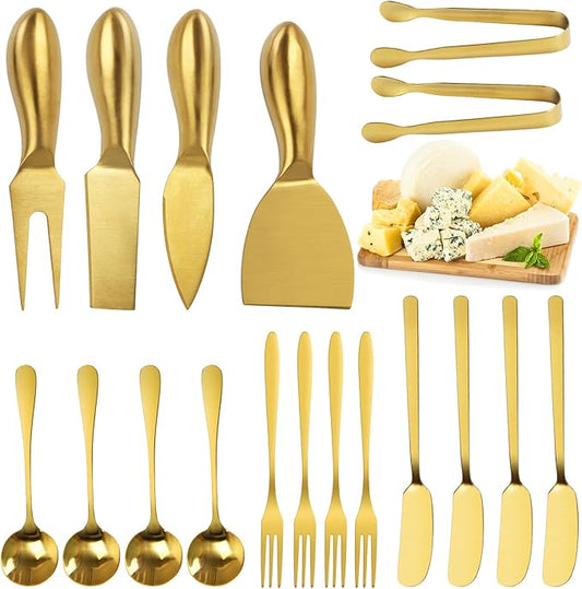 18 pieces Charcuterie Board Accessories, Gold Stainless Steel Cheese Knives, Butter Knife Spreader, Appetizer Forks, Mini Serving Tongs Spoons for Gathering Wedding Birthday...