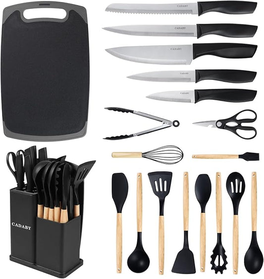 19 PCS Kitchen Cooking Utensils Set, 11 Pieces Silicone Cooking Utensils Set 6 Pieces Sharp Stainless Steel Black Knife Set with 1 Piece Cutting Board, Ideal for Apartment