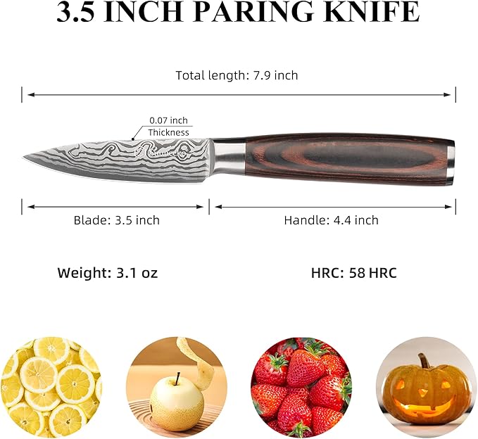 Sunnecko Small Kitchen Knife 3.5 Inch Paring Knife High Carbon Stainless Steel Fruit Knife with Wood Handle, Sharp Knife for Cutting Tomatoes with Gift Box