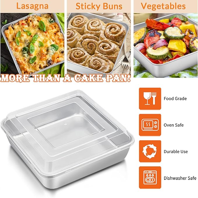 8 x 8-Inch Square Baking Pan with Lid, E-far Stainless Steel Square Cake Brownie Pan, Fit for Toaster Oven, Non-toxic & Healthy, Easy Storage & Dishwasher Safe - 2 Pieces(1 Pan + 1 Lid)
