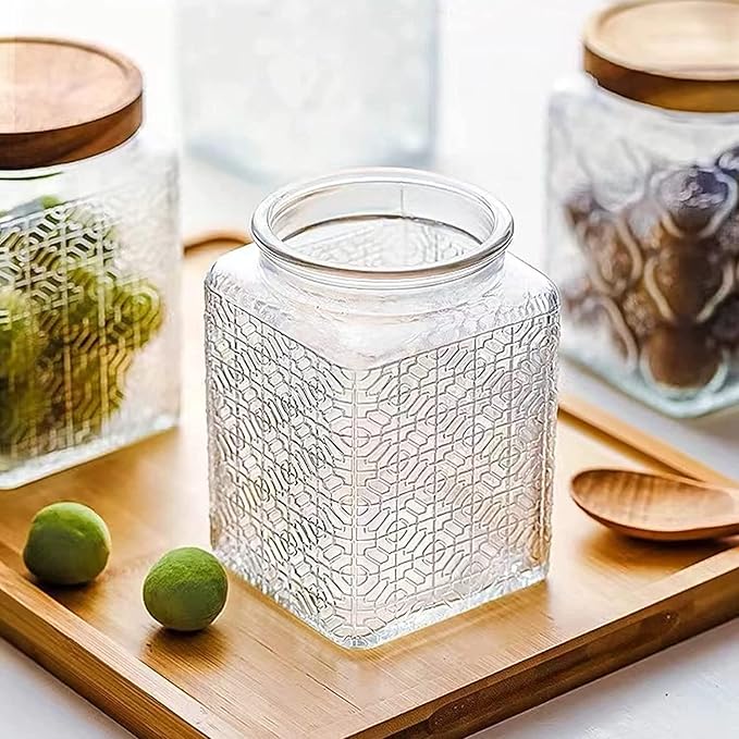 Snminetal Vintage Glass Airtight Storage Jar Set of 4, With Airtight Wood Lid, Kitchen Food Storage Containers,for Kitchen Counter, Pantry, Tea, Sugar,Coffee,Food Storage Jar(Plum pattern)