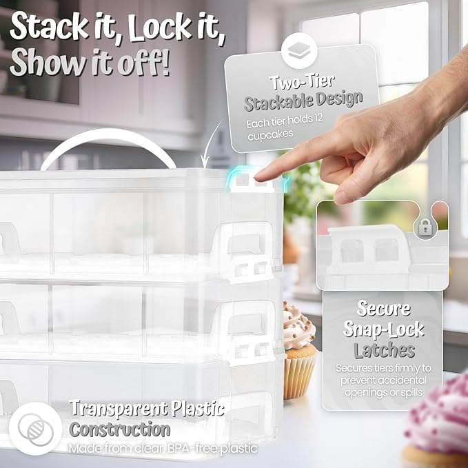Flexzion 36 Cupcake Carrier 3 Tier Stackable Storage Container Collapsible Cake Carrier with Lid and Handle, Reusable Rectangular Plastic Dessert Travel Container, Display Holder Transport Box (Clear)