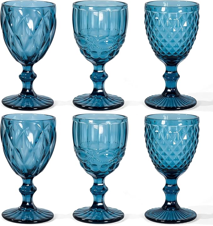 Vintage Wine Glasses Set of 6, 8 OZ Colored Glass Water Goblets, Embossed Floral Decorative Crystal Glass Cups Set, Dishwasher Safe, for Wedding, Party, Red Wine Glass, Bars, Restaurants