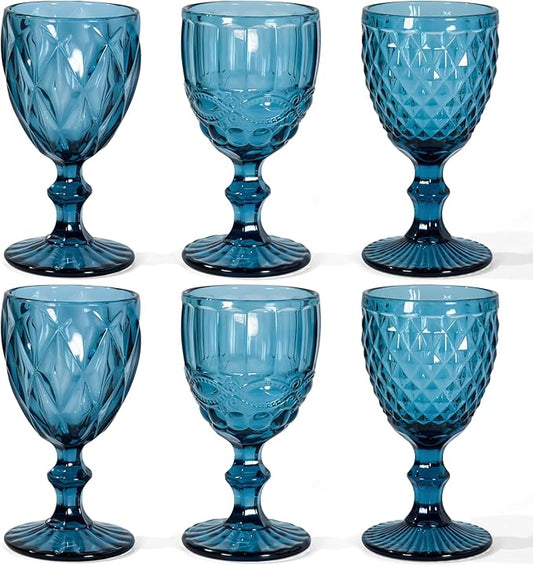 Vintage Wine Glasses Set of 6, 8 OZ Colored Glass Water Goblets, Embossed Floral Decorative Crystal Glass Cups Set, Dishwasher Safe, for Wedding, Party, Red Wine Glass, Bars, Restaurants