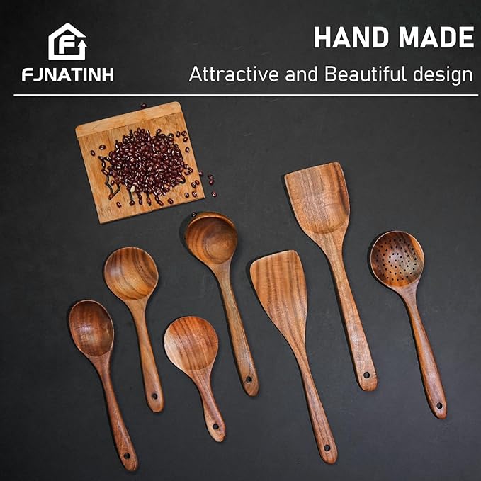 FJNATINH 7-Piece Nonstick Wooden Cooking Utensils Set, Natural and Healthy Kitchen Utensils(7 Pcs)