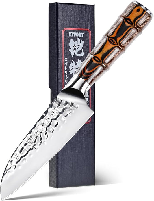 5.5" Santoku Knife, Pro Chefs Kitchen Knives, HC Stainless Steel, Hammered Ultra Sharp Blade, Bamboo Shape Handle Cooking Cutlery 2025 Gifts for Home & Restaurant