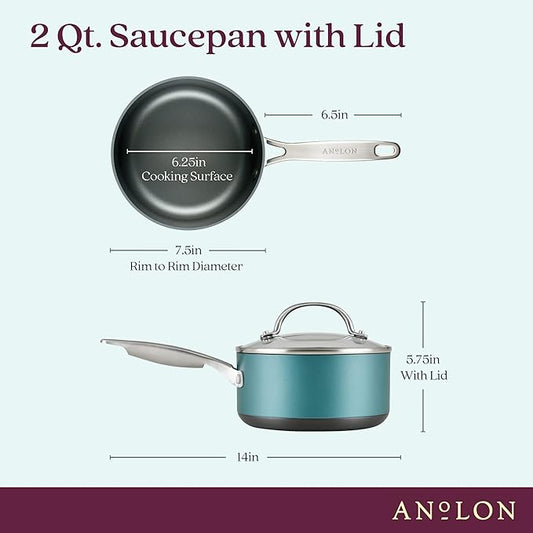 Anolon Achieve Hard Anodized Nonstick Sauce Pan with Lid, 2 Quart, Teal