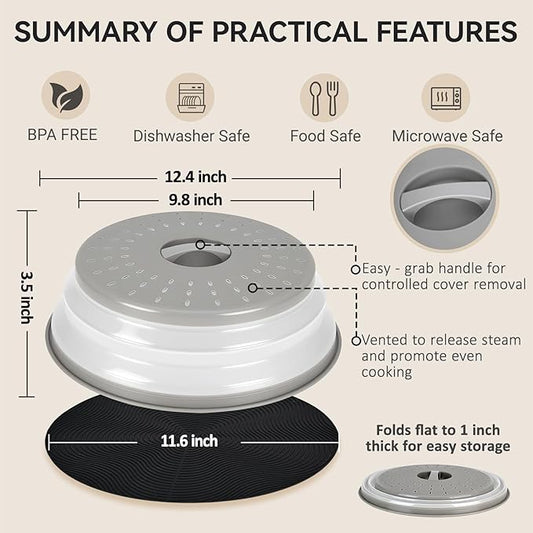 WENWELL 12" Microwave Splatter Cover & Mat,Large Vented Collapsible Splatter Guard dish Plate lid & Silicone Round Kitchen Mat for Food