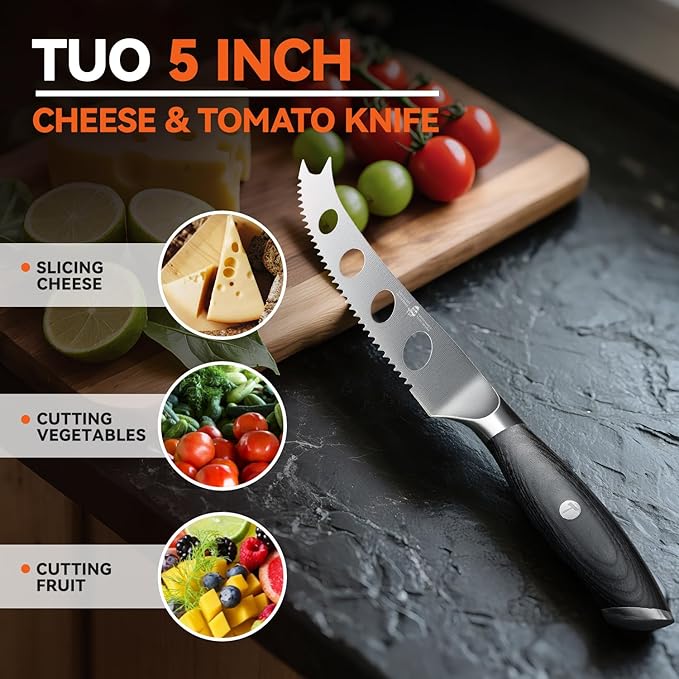 TUO Cheese Slicer Knife, 5" Serrated Tomato Knife, with Forked Tip & Non-Stick Blade, High Carbon German Steel, Ergonomic Handle with Gift Box, Falcon Series