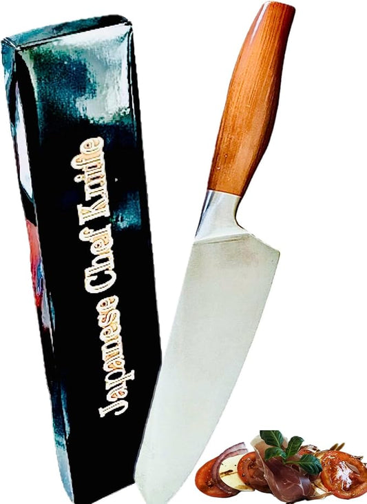 Japanese Chef Knife santoku knife with a high carbon stainless steel blade, finished wood handle,chop slice and dice like a pro with this well made knife comes with gift box and blade guard