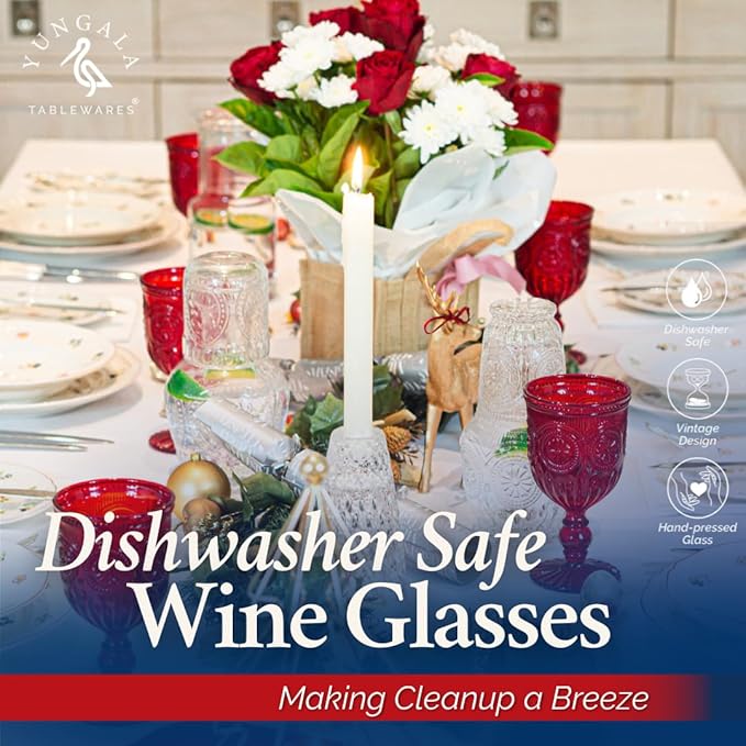 Yungala Red Goblets, Set of 6 Hand Crafted Red Colored Wine Glasses for lovers of red glassware, perfect for Valentines Day or Christmas Wine Glasses