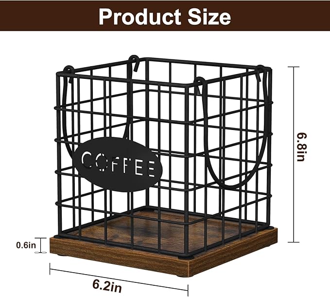 YINMIT K Cup Holder Organizer, Rustic Coffee Pod Holder Organizer, 35 Kcup Holder for Counter with Handle,Large Capacity Black Wire Coffee Capsule Basket for Kitchen Office Desktop (Square Grid)