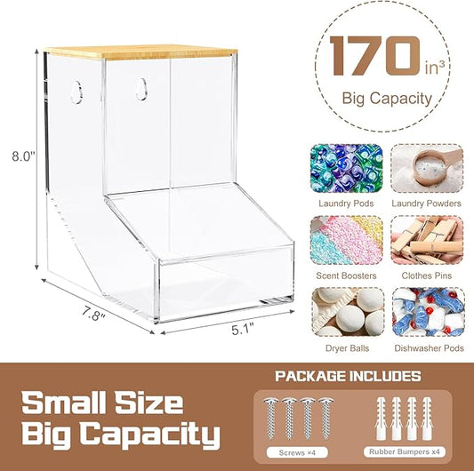 TCJJ Coffee Pod Holder With Bamboo Lid, Clear Acrylic Coffee Capsule Organizer For K Cup, 170 In³ Capacity, Can Be Placed On A Tabletop Or Mounted On A Wall, Compatible With Coffee Pod & Creamer