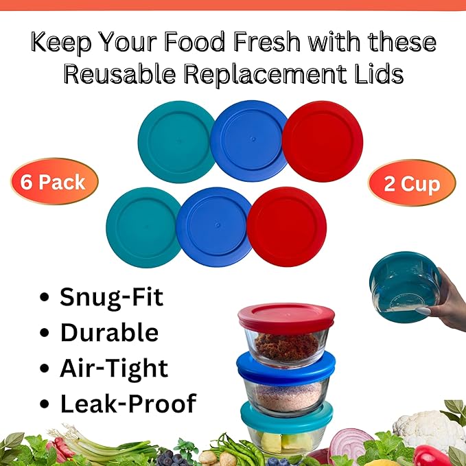 2 Cup/470 mL Turquoise, Blue, Red Replacement Lids/Covers for Pyrex 7200-PC, 16oz Anchor Hocking & Klare Ware Storage Bowls *Lids Only* - *Glass Container Not Included* (6 Pack, Turquoise/Blue/Red)