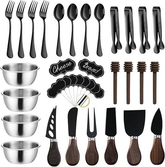 Charcuterie Boards Accessories Utensils, Cheese Knife Set, Charcuterie Bowls, Cheese Markers for Charcuterie Board, Mini Serving Tongs Spoons and Forks Honey Dipper for Pastry Wedding Gift Black
