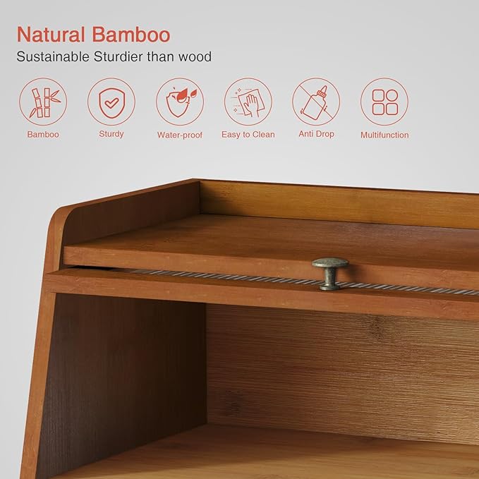 Walnut Brown Roll Top Bread Box for Kitchen Countertop, 2 Tier Large Bread Storage Container for Homemade Bread, 2 Door Wooden Breadbox Holder Keeper for Sourdough Loaf Storage (Bamboo Wood)