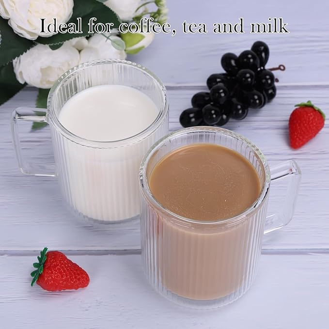 13.5oz Double Walled Glass Coffee Mug - Clear Ribbed Glassware with Handle, Perfect for Cappuccino, Latte, Cereal, Yogurt, Beer, Milk, and All Beverages (Set of 4)