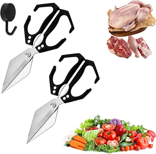 Seattleget Multifunctional Heavy-Duty Kitchen Shears, High-Carbon Steel 9.25" Multipurpose Kitchen Scissors for Chicken, Meat & Veggies, Ergonomic Non-Slip Handle, Built-in Nut Cracker (Black*2)