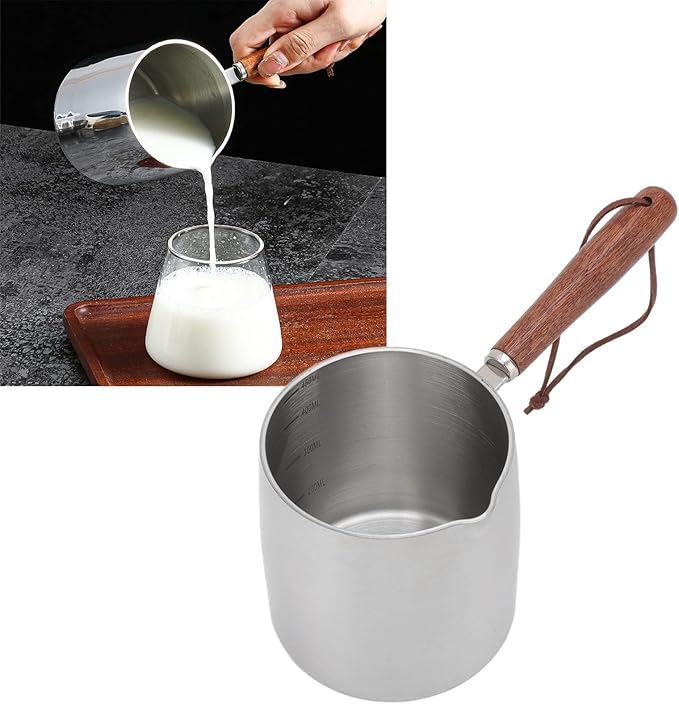 Stainless Steel Turkish Warmer Coffee and Butter Warmer - 450ml/15oz Milk Pot with Spout and Wooden Handle