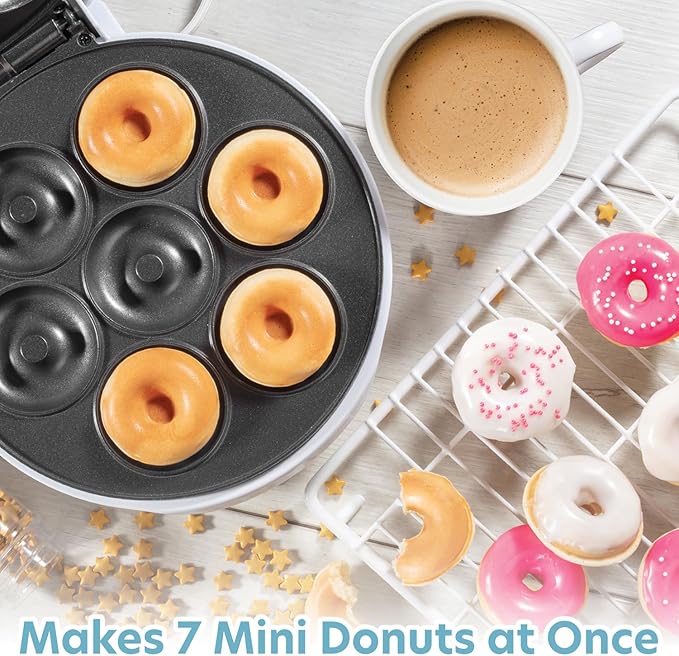 Mini Donut Maker- Electric NonStick Surface Makes 7 Small Doughnuts- Decorate Frost Ice Your Own for Kid Friendly Baked Dessert Treat- Unique Cooking Activity for Adults, Easy Bake Brunch Gift for Her