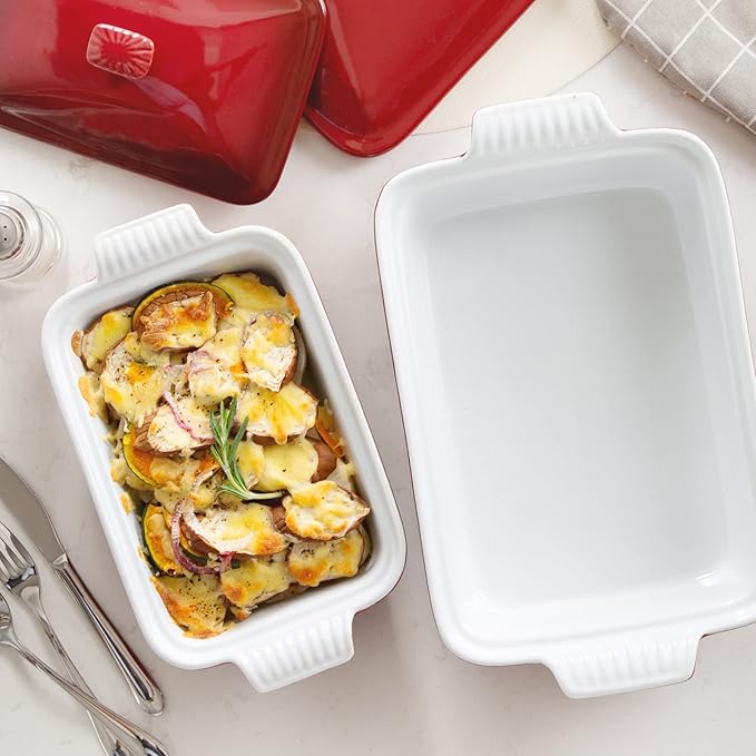 vancasso Blossom Casserole Dish With Lid, 12x7 Lasagna Pan Deep with Lid, 1.9 Quart baking dish with lid Ceramic Casserole Dish Set, Oven, Microwave Safe, Red