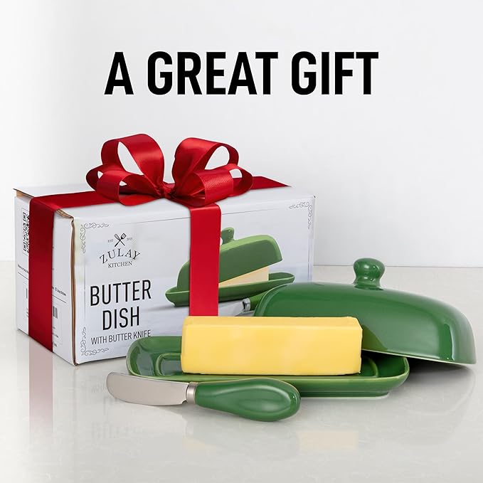 Zulay Butter Dish With Lid For Countertop - Porcelain White, Ceramic Butter Dish with Knob Handle Great for Cooking - Elegant Design Butter Holder - Durable & Sturdy Butter Keeper - Jade