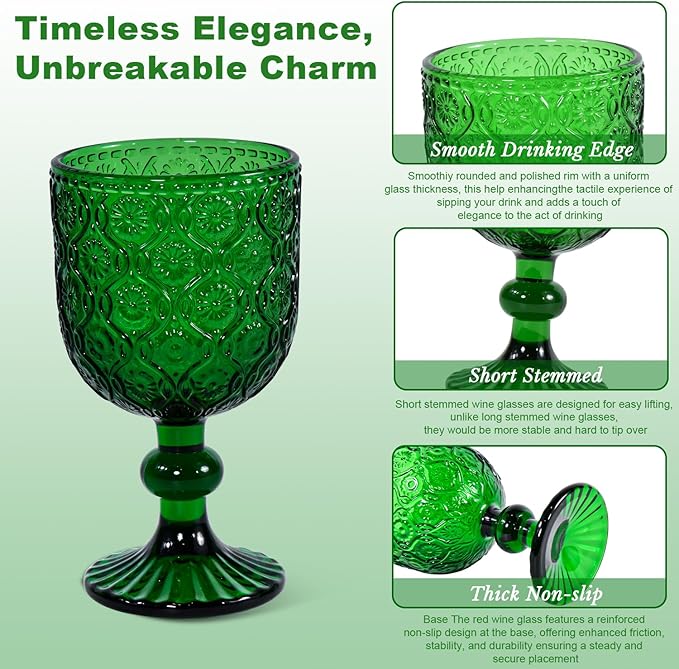Vintage Wine Glasses Set of 6, 12 OZ Christmas Green Glass Water Goblets, Embossed Floral Decorative Crystal Glass Cups Set, Dishwasher Safe, for Wedding, Party, Red Wine Glass, Bars, Restaurants