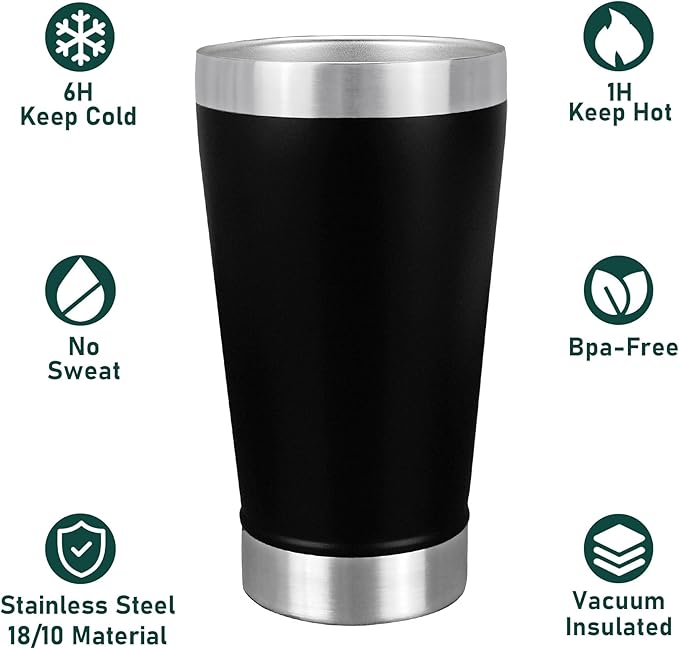16 oz Insulated Pint Glasses Set of 6, Double Walled Cup Stainless Steel, Cold Drinking Stacking Tumbler, Black, Ideal for Beer Lover, Coffee, Cocktail