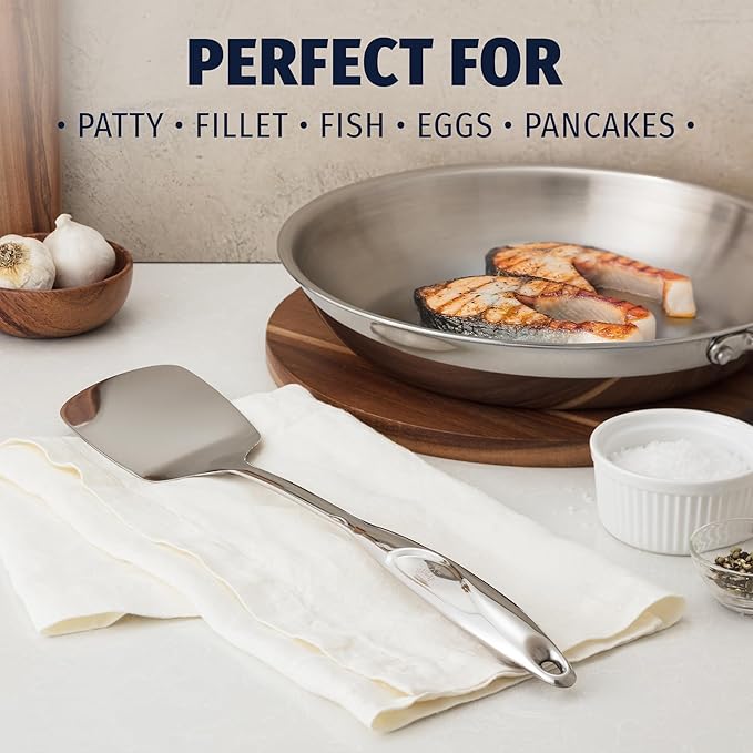 Zulay Kitchen Premium Stainless Steel Metal Spatula - Cooking Spoon Turner - Durable Cooking Utensil with Ergonomic, Easy to Use Handle - Easy to Clean, Perfect for at Home Cooks & Chefs - 15”