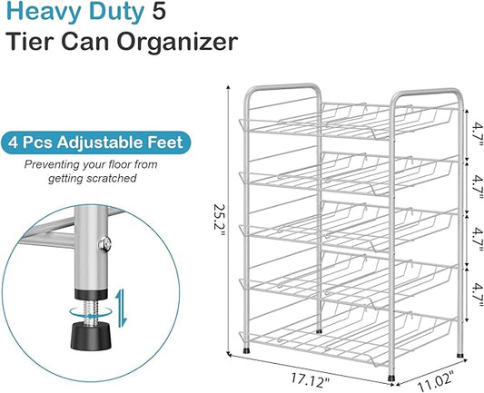 Vrisa Can Organizer for Pantry 5 Tier Canned Food Organizer Can Storage Rack Holds Up to 60 Cans Rolling Soda Soup Vegetable Can Goods Dispenser Shelf for Kitchen Pantry Cabinet, Silver