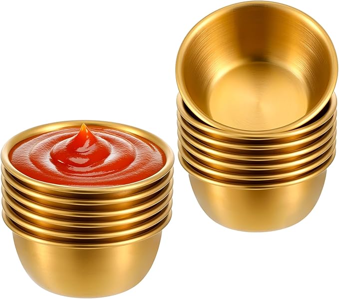 12 Pcs Stainless Steel Dipping Sauce Cups 2 oz Ramekin Mini Sauce Bowls Gold Condiment Cups Reusable Metal Ramekins Containers for Home Kitchen Restaurant Party (Gold)
