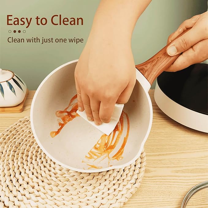2 Quart Nonstick Sauce Pan with Lid, Small Sauce Pots for Cooking with Pour Spout, Small Induction Pot with Handle for Stove, Induction, Gas, Non Toxic, PFOA Free (Beige, 1 PCS)