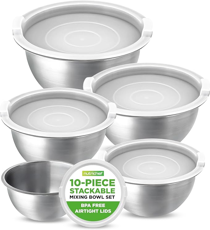 NutriChef 10 Piece Stainless Steel Mixing Bowls with Airtight Lids, Dishwasher Safe, 5 Stackable Nesting Bowls and 5 BPA-Free Lids for Kitchen, Cooking, Food Storage, Meal Prepping, Mixing & Serving