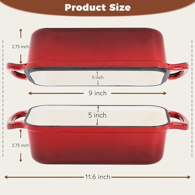 Cast Iron Bread Loaf Pan with Lid, 2 In 1 Loaf Pans for Baking Bread 9x5, Enameled Bread Pans for Homemade Bread, Sourdough, Even Heating Bread DutchOven, Red