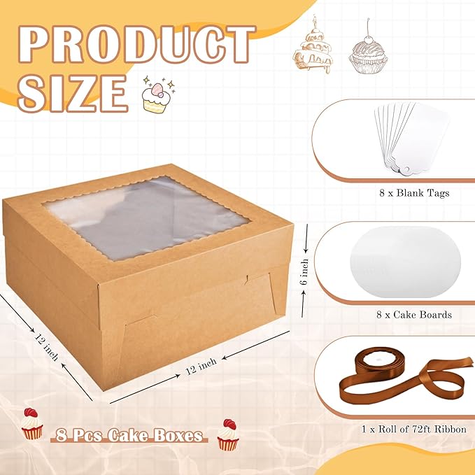 16Pcs 12x12x6 Inch Cake Boxes with Cake Boards (8Pcs Brown Cake Boxes, 8Pcs Cake Boards), Bakery Boxes with Window, Cake Carrier Container for Birthday Party, Wedding
