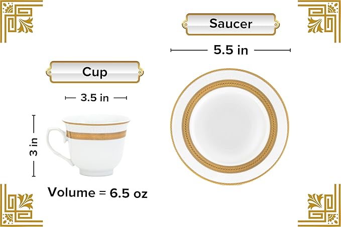 Porcelain Tea Set 8 Piece - 5.75 inch Saucers, 6.5 oz Cups - Elegant White with Gold Rope Design - Dish Set for Tea-Parties, Cappuccino, Vintage Kitchen Decor (Rope Gold 3008, 8 Piece)