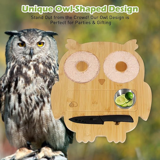 Margarita Salt Rimmer Set Salt Rimmer Set for Cocktails Owl-Shaped Salt & Sugar Rimmer Set with Bowl and Knife Glass Rimmer Bartender Accessories for Home Bar Party Drinks (Light Bamboo)