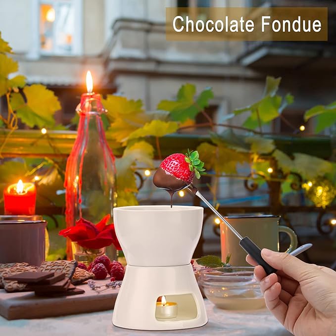 400ML Ceramic Butter Warmer Set with 4 Forks, Fondue Pot Melting Pot Set, Melt Hot Pot Bowl Set For Cheese Chocolate Butter Caramel