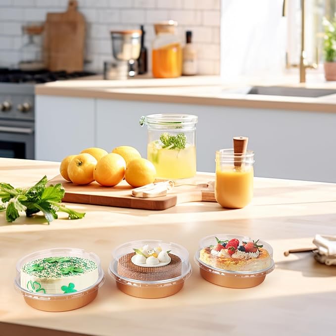 Beasea Mini Ramekins with Lids, 120 Pack 4 Inch 8oz Disposable Creme Brulee Tart Pie Tins Rose Gold Small Aluminum Foil Cake Baking Tins Pans Individual Round Containers Oven Safe for Baking