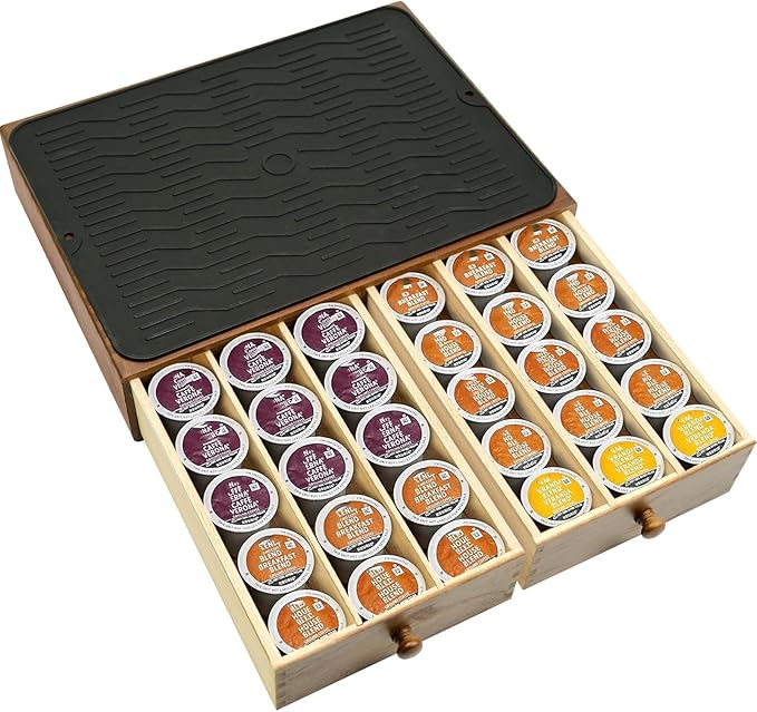 Wooden Coffee Pod Drawer,Holders for Counter with 2 Drawers and Silicone Non-Slip Pad, Drawer Organizer (30 Pod Capacity)