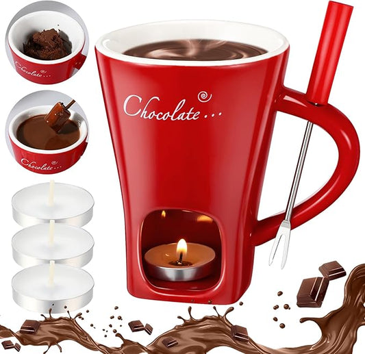 Honeydak Chocolate Fondue Mug with Fork and Candle Sweet Ceramic Personal Chocolate Melting Cup Chocolate Fondue Mug Ideal Gifts for Birthday Date Night Birthday Wedding Gifts(Red)