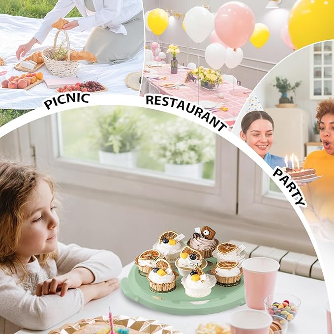 Green Plastic Cake Carrier with Lid and Handle, 4 in 1 Multipurpose Cupcake Holder Stand for 11 '' Cake, Round Portable Dessert Storage Container Box with Cover for Pie Pizza Eggs Fruit Snack