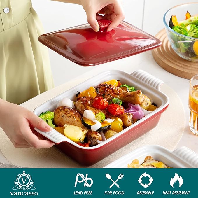 vancasso Blossom Casserole Dish With Lid, 12x7 Lasagna Pan Deep with Lid, 1.9 Quart baking dish with lid Ceramic Casserole Dish Set, Oven, Microwave Safe, Red