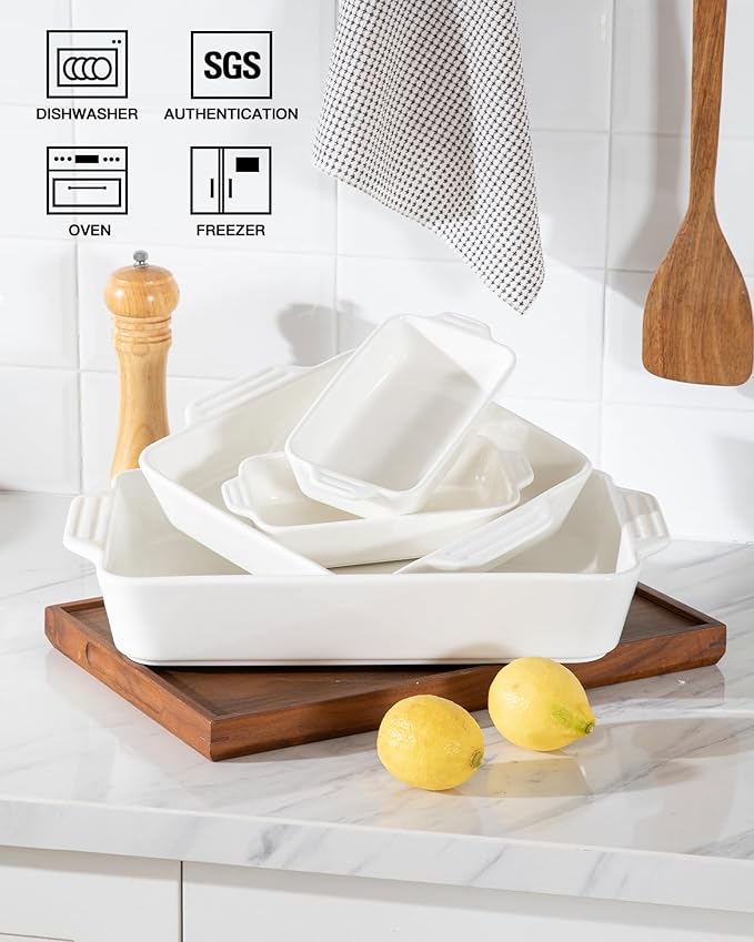 Sweejar Ceramic Bakeware Set of 4, Casserole Dishes for Oven, Rectangular Baking Dish with Handles, Lasagna Pans Deep for Cooking, Gratin, Roasting, Banquet and Daily Use (White)